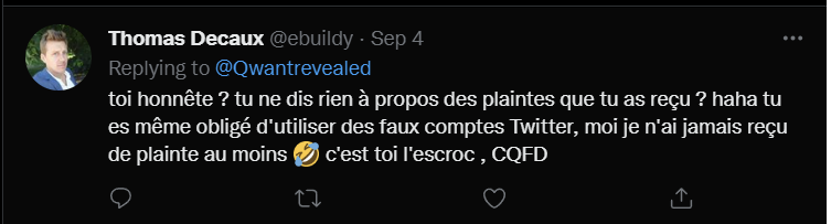 P54 - réponse publique attribuée à Thomas Decaux : « c'est toi l'escroc »